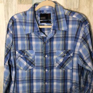 MICROS Western Plaid Button Up Shirt Men’s size L Blue, Navy & White